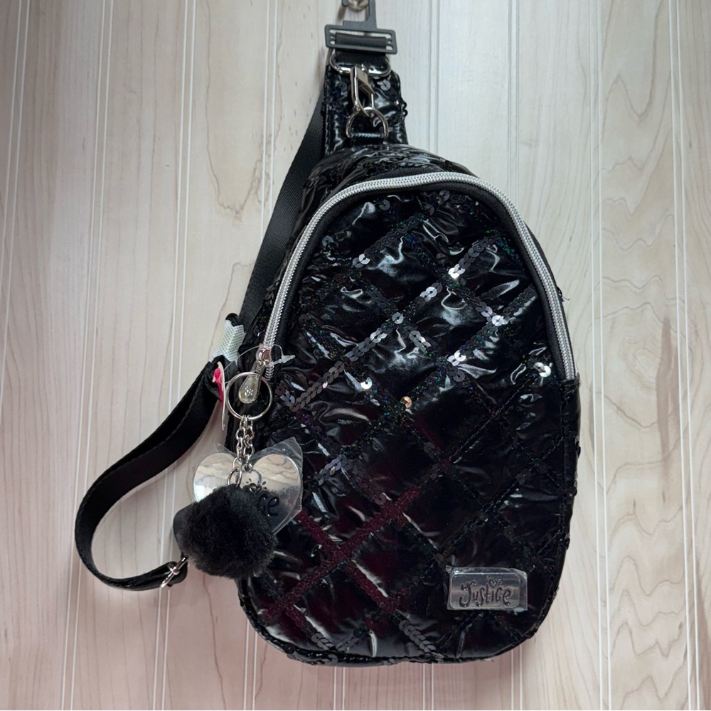 Justice Shiny Black Quilted Kids Bag with Heart Charm